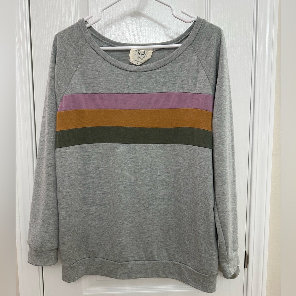 Fantastic Fawn Gray Top with Lilac, Gold, and Green Stripes